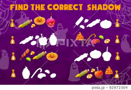 Shadow matching game of Halloween holiday sweets and candies. Kids puzzle or logic riddle worksheet with cartoon trick or treat food. Education game of matching pumpkin cakes, lollipops, witch fingers 92972304