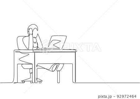 Single continuous line drawing tired office worker woman. Arabian female work at laptop feeling bad. Hold her head. Headache sick, exhausted, stressed, depression. One line draw graphic design vector 92972464