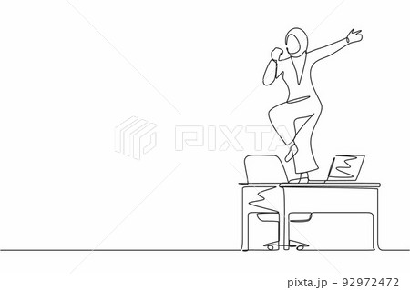 Single continuous line drawing happy office worker dancing on desk. Arabian businesswoman dancing while sitting at desk. Having fun at work. Work from home concept. One line draw graphic design vector 92972472