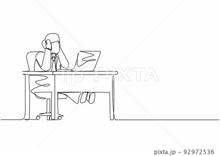 Continuous one line drawing tired office worker man character. Male work at laptop feeling bad. Hold his head. Headache sick, exhausted, stressed, depression. Single line draw design vector graphic 92972536