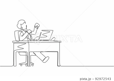 Continuous one line drawing man manager laughing out loud while pointing his finger at laptop. Happiness, business success, win, leader, development concept. Single line draw design vector graphic 92972543