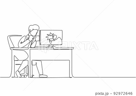 Continuous one line drawing angry businessman breaks his laptop computer hitting it with clenched fist sitting at desk. Frustrated man worker punching hole in pc screen. Single line draw design vector 92972646