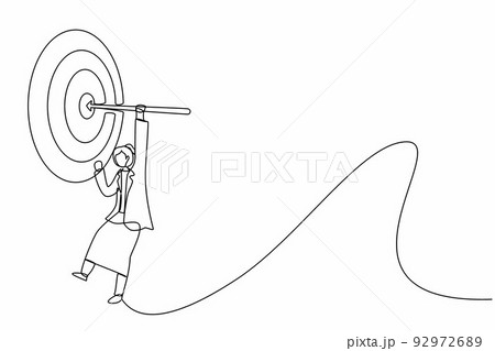 Continuous one line drawing businesswoman hanging arrow on target, business success concept. Businesswoman hanging arrow on target. Goal setting. Single line draw design vector graphic illustration 92972689