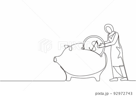 Continuous one line drawing Arab businesswoman putting dollar coin into piggy bank. Money savings, personal investment, finance, funding, bank deposit, capital accumulation. Single line design vector Continuous one line drawing Arab businesswoman putting dollar coin into piggy bank. Money savings, personal investment, finance, funding, bank deposit, capital accumulation. Single line design vector 92972743