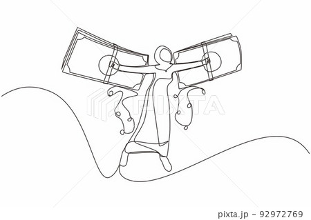Single continuous line drawing Arab businesswoman flying on money wings. Financial freedom concept, depicting woman flying on wings made of currency bills. One line graphic design vector illustration Single continuous line drawing Arab businesswoman flying on money wings. Financial freedom concept, depicting woman flying on wings made of currency bills. One line graphic design vector illustration 92972769