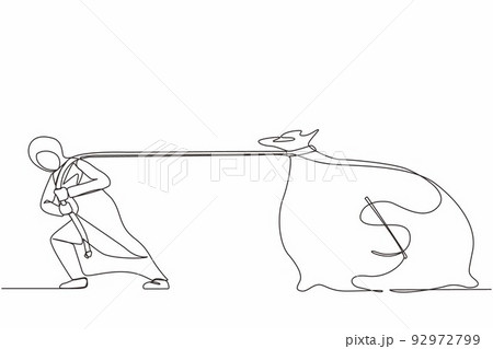 Single continuous line drawing Arabian businesswoman pulling big bag of money. Business metaphor. Corporate competition or business challenge concept. One line draw graphic design vector illustration 92972799