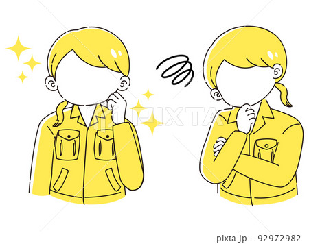 ときめきの表情と困っている表情の作業服を着た女性　イラストセット 92972982