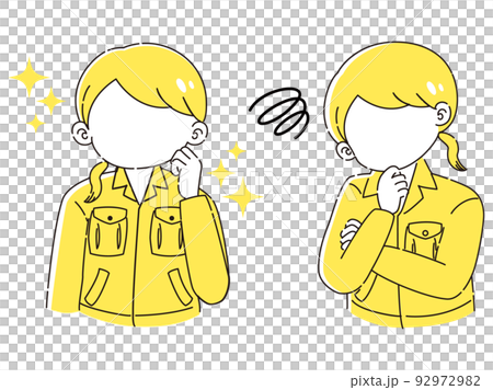 ときめきの表情と困っている表情の作業服を着た女性　イラストセット 92972982