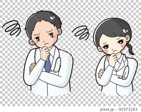 一男一女身穿白大褂陷入困境的插圖（帶聽診器） 92973263
