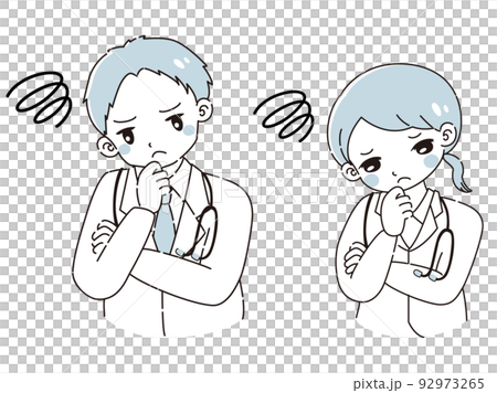 一男一女身穿白大褂陷入困境的插圖（帶聽診器） 92973265