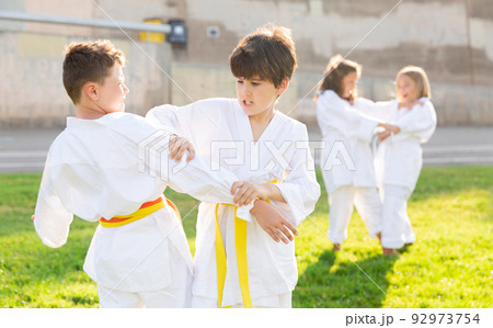 Children practicing karate in pairs at a park 92973754