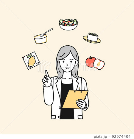 ダイエットに適した食事を説明する　栄養士　医者　女医　白衣を着た女性　イラスト 92974404