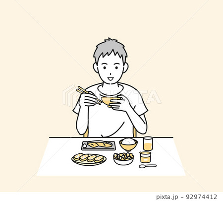 食生活 朝食を食べる 若い男性 健康的な食事 自炊 イラスト 食生活 朝食を食べる 若い男性 健康的な食事 自炊 イラスト 92974412