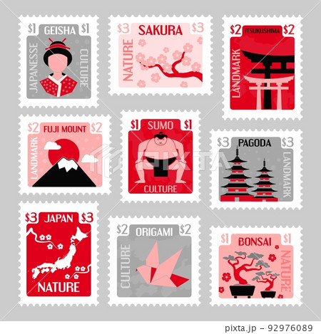 Japan postage stamp set, flat element design 92976089