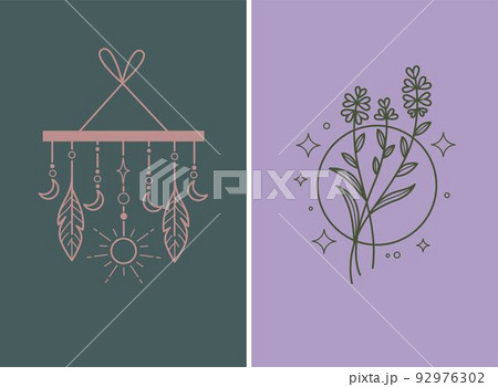 Magic and mystical signs, feathers and flowers 92976302