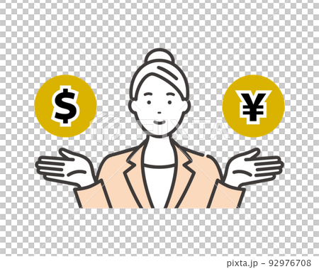 外国為替（ドル円）の説明をするビジネスウーマン 92976708