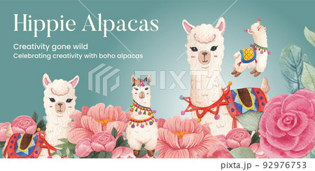 Blog header template with cute boho alpaca concept,watercolor style 92976753