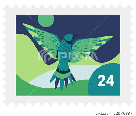Colibri bird on postal mark, exotic avian vector 92976837