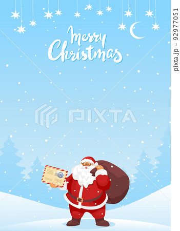 Merry christmas greeting card with text. Santa Claus stands in a snowy forest with a letter and a bag of gifts. Vector vintage card with copy space. 92977051