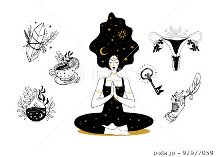 Set of mystical boho icons. Meditating woman hand drawn tattoo, witch crystals, womb symbol of sacred femininity, amulet. Artline illustration isolated on white background. 92977059