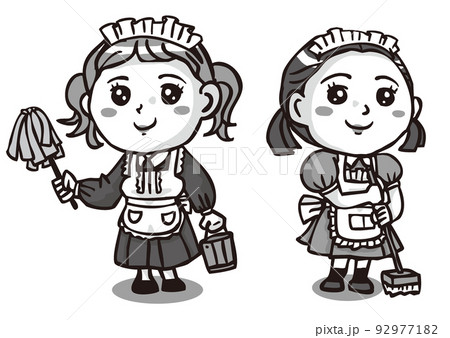 仕事に従事するつぶらな瞳のメイド服の女の子二人・モノクロ 92977182