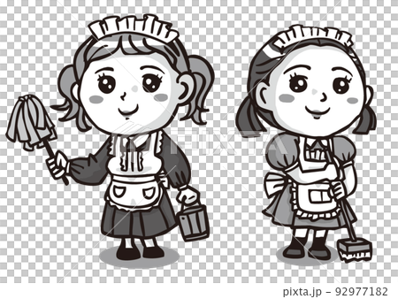 仕事に従事するつぶらな瞳のメイド服の女の子二人・モノクロ 92977182