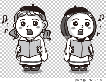 聖歌隊で歌うやさしい顔の女の子二人・モノクロ 聖歌隊で歌うやさしい顔の女の子二人・モノクロ 92977183