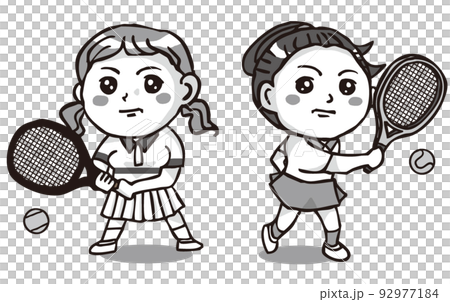 兩個臉色嚴肅的女孩打網球,單色 兩個臉色嚴肅的女孩打網球,單色 92977184