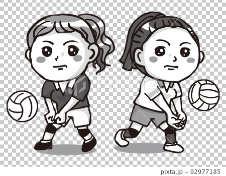 バレーボールする真剣な顔の女の子二人・モノクロ バレーボールする真剣な顔の女の子二人・モノクロ 92977185