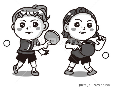 卓球する真剣な顔の女の子二人 モノクロのイラスト素材