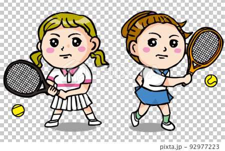 テニスする真剣な顔の女の子二人 92977223
