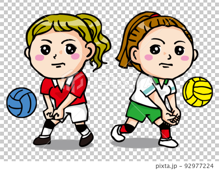 バレーボールする真剣な顔の女の子二人 92977224