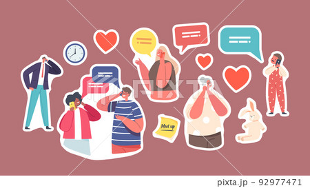 Set of Stickers People Communicate by Mobile Phone. Granny, Little Boy, Adults and Teenagers Characters Speaking Set of Stickers People Communicate by Mobile Phone. Granny, Little Boy, Adults and Teenagers Characters Speaking 92977471