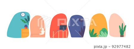 Set of Empty Room Backgrounds, Apartment with Decorative Potted Plants, Desk with Computer Desktop, Clock, Floor Lamp Set of Empty Room Backgrounds, Apartment with Decorative Potted Plants, Desk with Computer Desktop, Clock, Floor Lamp 92977482