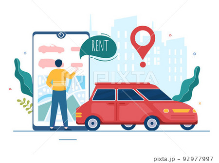 Car Rental, Booking Reservation and Sharing using Service Mobile Application with Route or Points Location in Hand Drawn Cartoon Flat Illustration 92977997