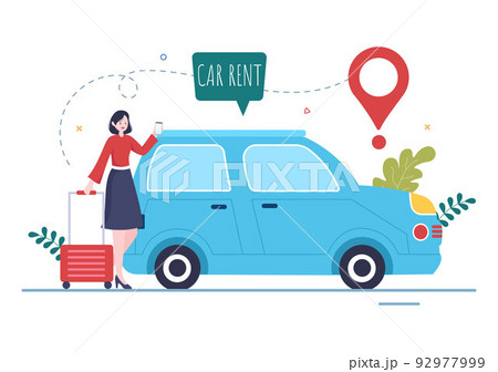 Car Rental, Booking Reservation and Sharing using Service Mobile Application with Route or Points Location in Hand Drawn Cartoon Flat Illustration 92977999