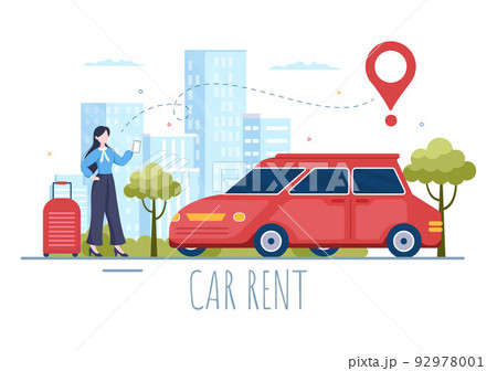 Car Rental, Booking Reservation and Sharing using Service Mobile Application with Route or Points Location in Hand Drawn Cartoon Flat Illustration 92978001