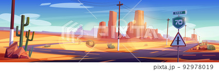 Desert road crossroad landscape with sign, canyon 92978019
