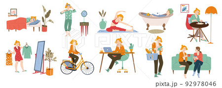 Woman daily routines with work, sleep and shop Woman daily routines with work, sleep and shop 92978046