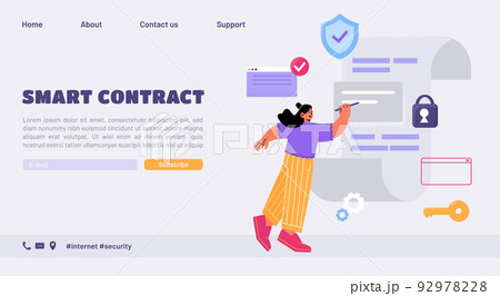 Smart contract banner with woman sign document 92978228