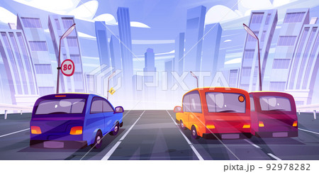 Cars driving at highway rear view on cityscape 92978282