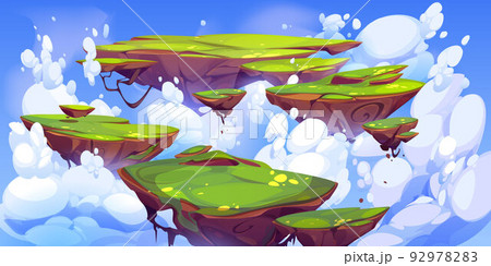 Green rocky island flying in blue sky cartoon 92978283