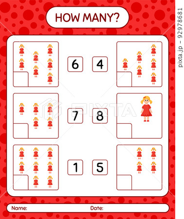 How many counting game with doll. worksheet for preschool kids, kids activity sheet How many counting game with doll. worksheet for preschool kids, kids activity sheet 92978681