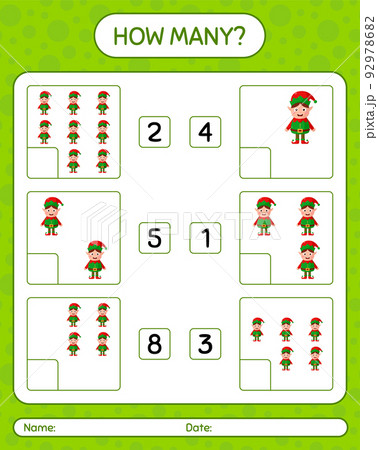 How many counting game with elf. worksheet for preschool kids, kids activity sheet How many counting game with elf. worksheet for preschool kids, kids activity sheet 92978682