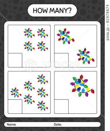 How many counting game with string light. worksheet for preschool kids, kids activity sheet 92978874
