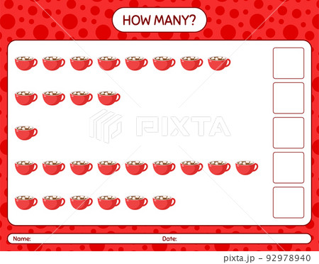How many counting game with marshmallow on hot chocolate. worksheet for preschool kids, kids activity sheet 92978940