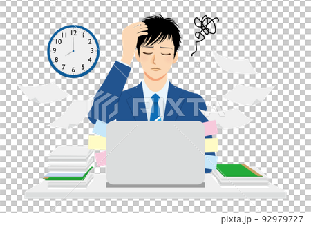 Illustration of a working man, upper body, dark blue suit, black hair, PC work, overtime 92979727