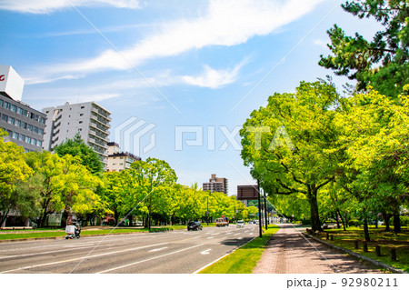 平和大通りと駅前通りの田中町交差点風景です。鶴見橋方面を展望。緑一杯の市街地風景をどうぞ。広島県 平和大通りと駅前通りの田中町交差点風景です。鶴見橋方面を展望。緑一杯の市街地風景をどうぞ。広島県 92980211