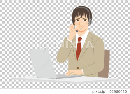 一個工人的插圖,上半身,米色西裝,棕色頭髮,電話預約 一個工人的插圖,上半身,米色西裝,棕色頭髮,電話預約 92980450