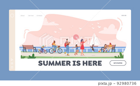 Vacation Outdoors Landing Page Template. Happy Family Characters Walking along Embankment with Seaview Landscape Vacation Outdoors Landing Page Template. Happy Family Characters Walking along Embankment with Seaview Landscape 92980736